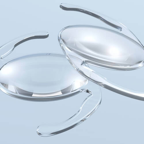 Medically illustration showing intraocular lens (IOL), a lens implanted in the eye as part of a treatment for cataracts or myopia, 3D illustration
